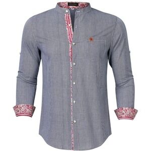 GloryStar Mens 2XL Band Collar Casual Button Down Shirt Gingham Floral Trim